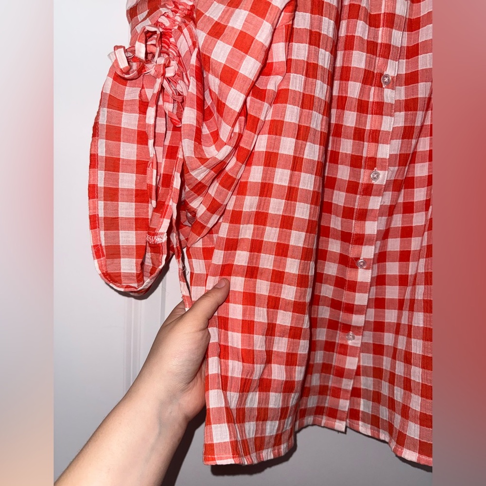 Cato orange and white gingham print top with ruched sleeves EUC - Picture 5 of 8